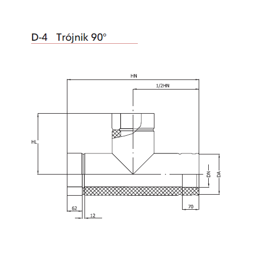 Trojvrstvový nerezový T-kus 90° izolácia 50mm