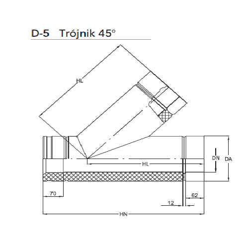 Trojvrstvový nerezový T-kus 45° izolácia 50mm